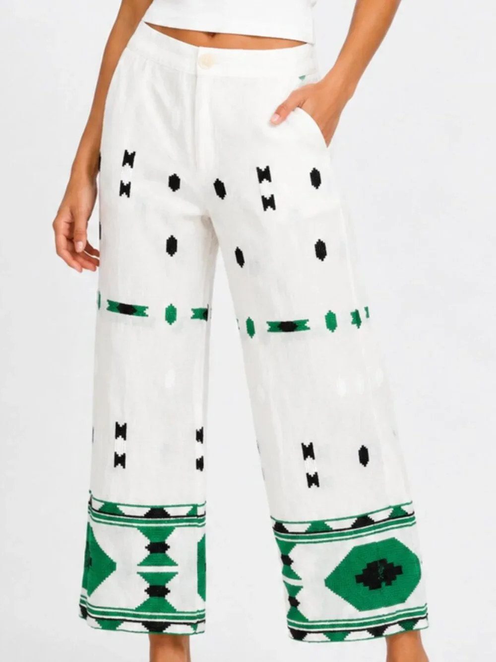ZARA Embroidered Linen Cropped Pants Ivory Small